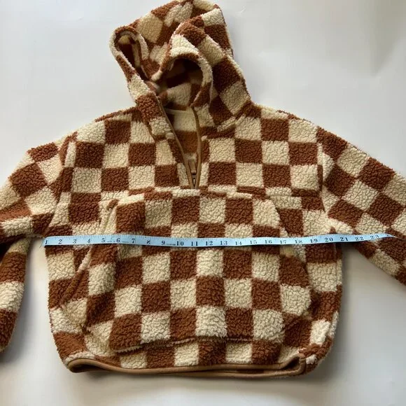 Gap Kids XL (12) Cream & Brown Checkered Hooded Fleece Pullover Jacket - Picture 8 of 8